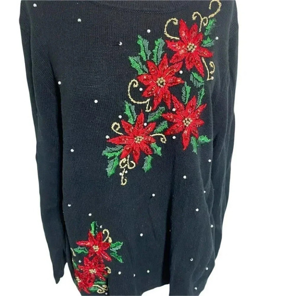 Vintage Basic Edition‎ Holiday L black sweater with embellished red poinsettia - Picture 2 of 6
